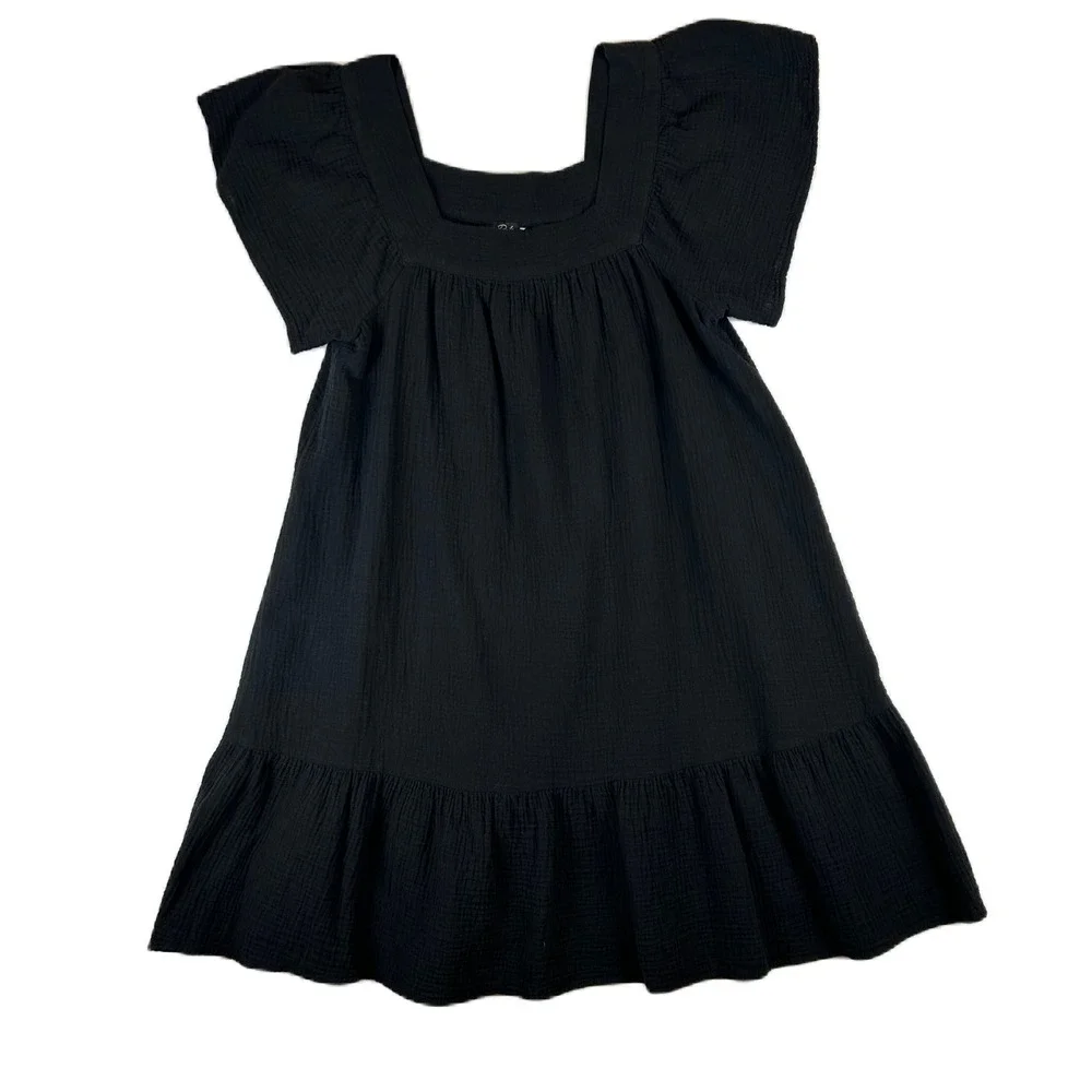 Rails Everdeen Black Cotton Gauze Mini Dress Square Neck Flutter Sleeve L - Picture 1 of 13